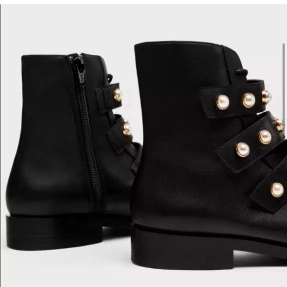 Zara Pearl Strap Black Leather Combat Ankle Boots Size 6 - Picture 6 of 16